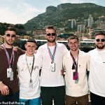 England team-mates Mason Mount and Phil Foden pay a visit to McLaren's Lando Norris before linking up with Tottenham's Eric Dier and Matt Doherty and Man City's Ruben Dias... as Premier League stars head en masse to Monaco for F1 qualifying