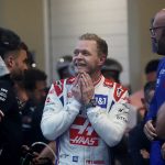 Kevin Magnussen claims a shock pole position for the first time as the Haas driver takes advantage of George Russell beaching his Mercedes in rainy conditions to secure first place in the sprint race at the Brazilian Grand Prix